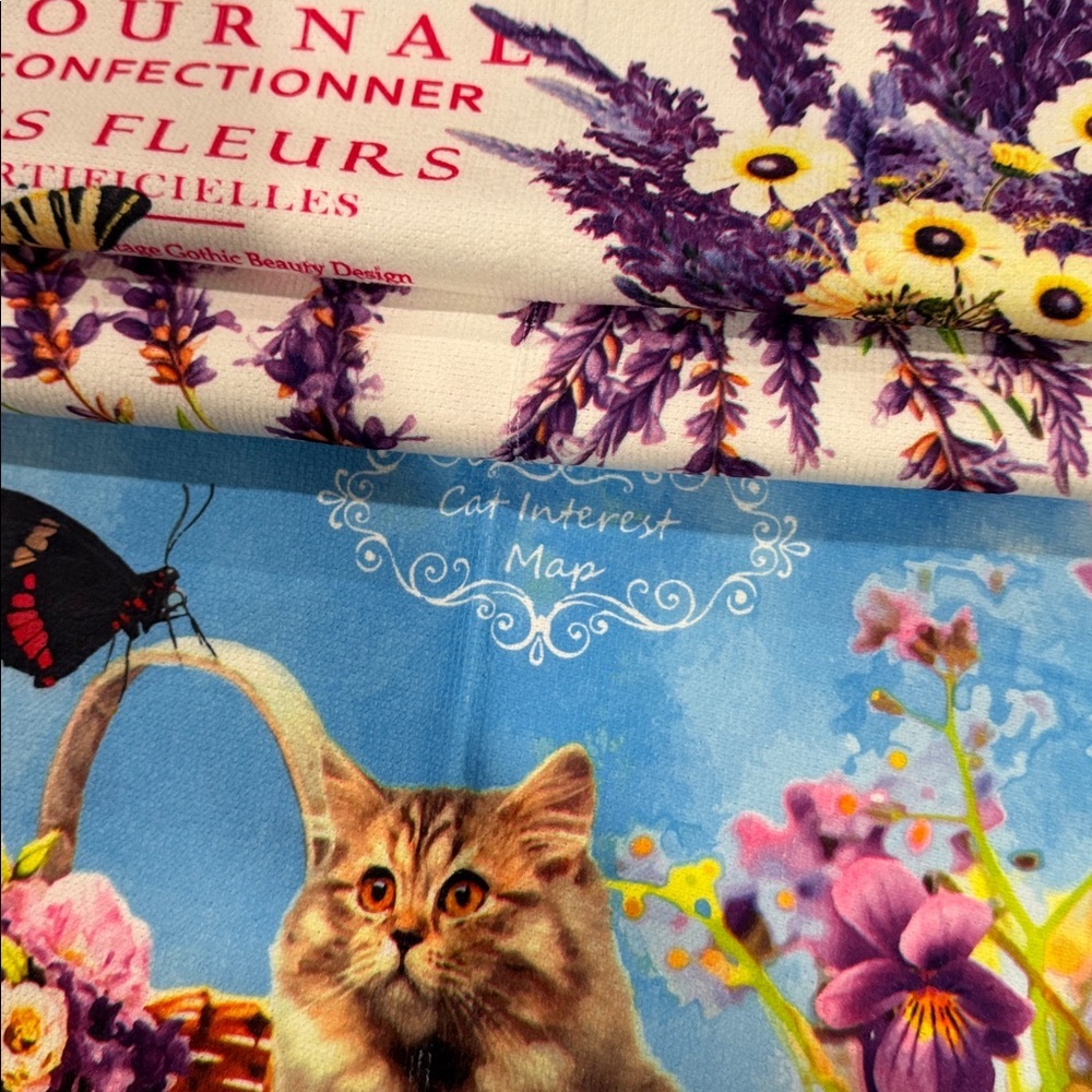 Colorful Cat and Floral Dish/ Kitchen Towels